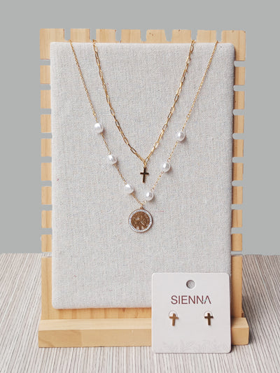 Conjunto aretas y collar, cruz y perlas