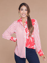 Blusa estilo Camisera estampada con flores y rayas, manga larga