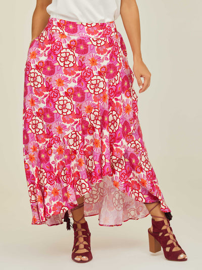 Falda larga asimétrica, estampado floral