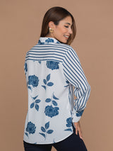 Blusa estilo Camisera estampada con flores y rayas, manga larga